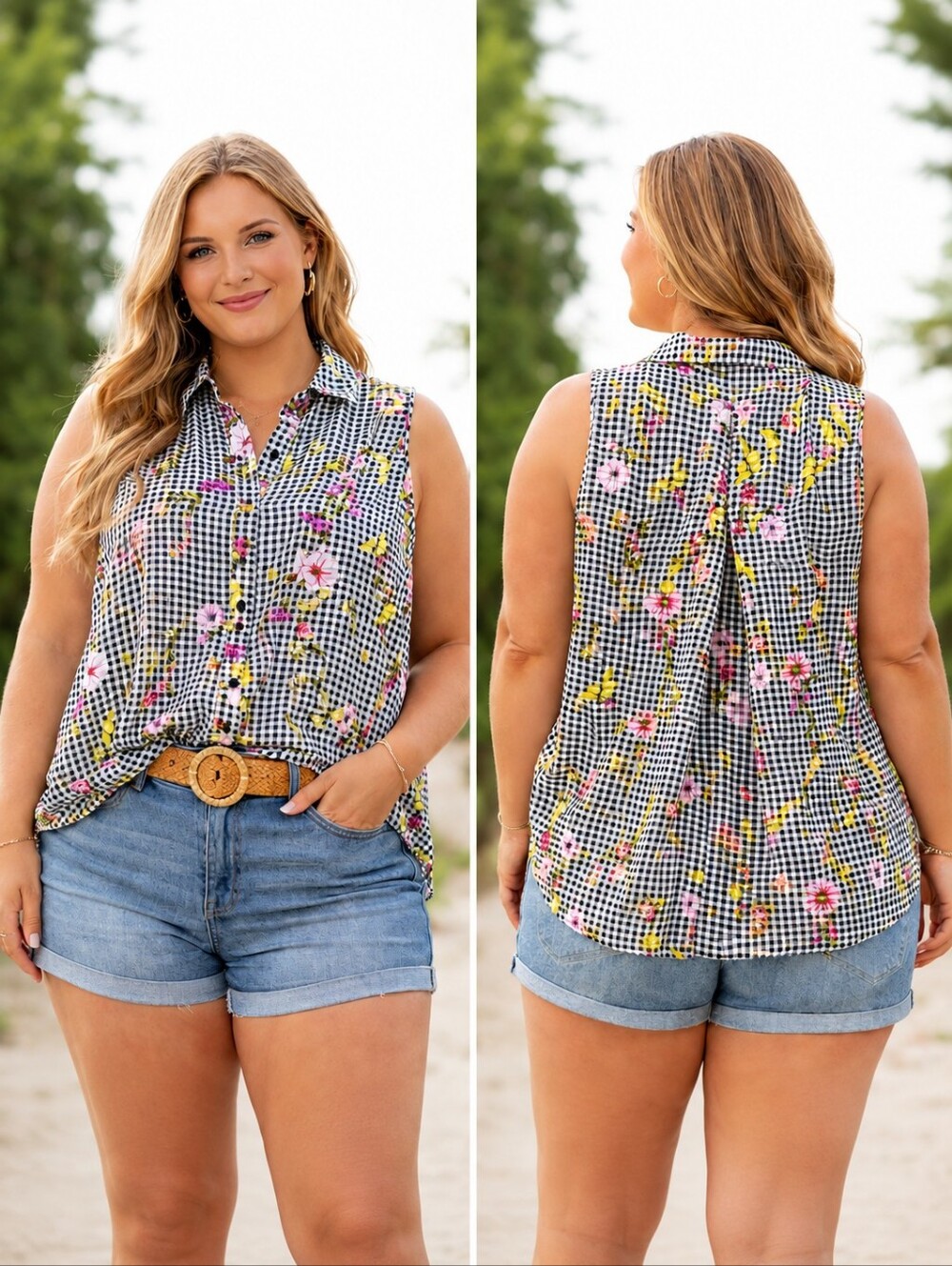 Button Up Tunic Blouse Featuring Black White Gingham Vibrant Floral Womens Sz 1X